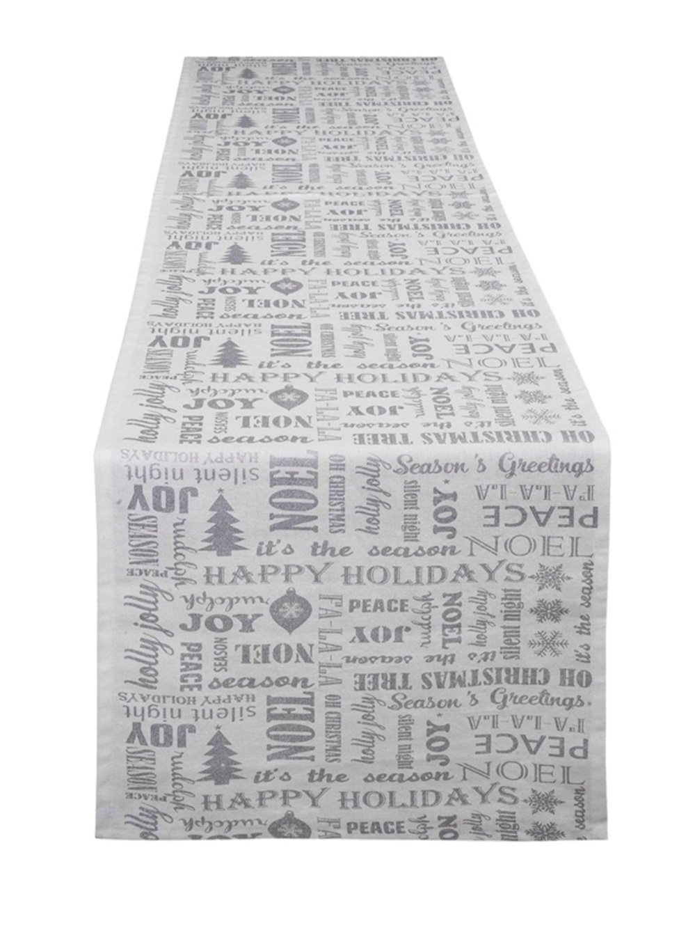 White and Metallic Silver Seasonal Script Table Runner Christmas Holiday